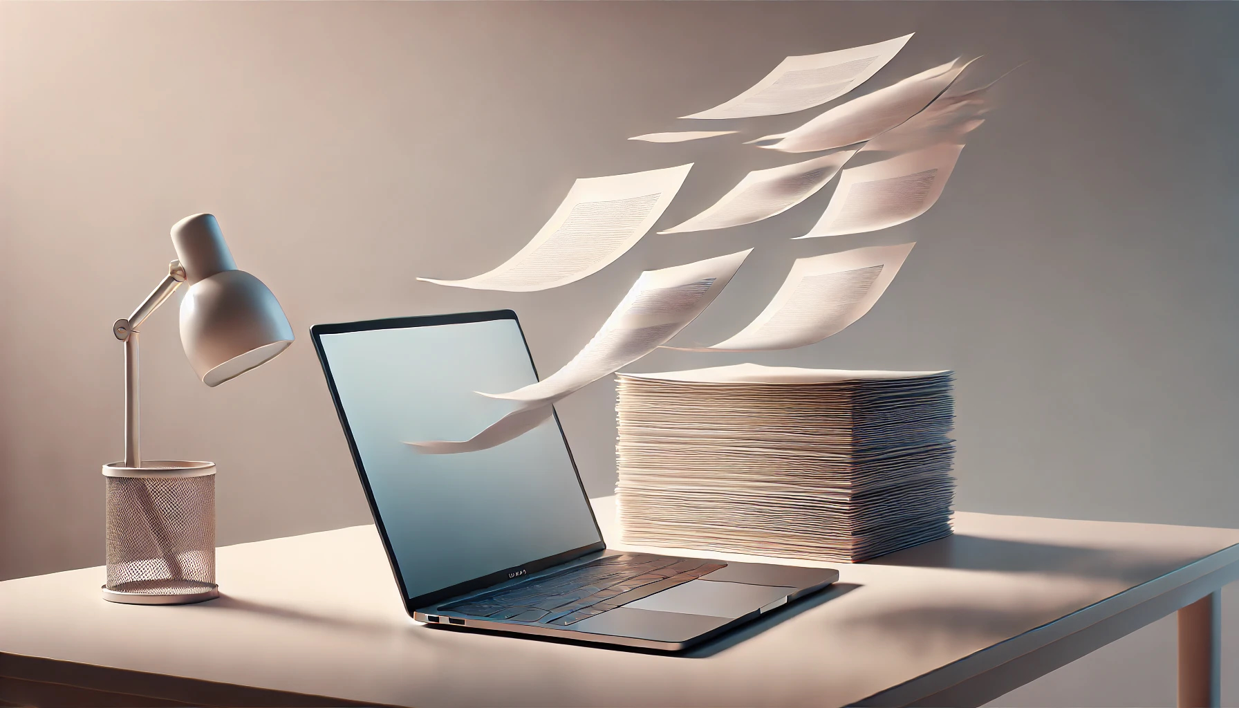 Kuvituskuva. Tietokoneen näytöltä leijailee papereita pinoon.