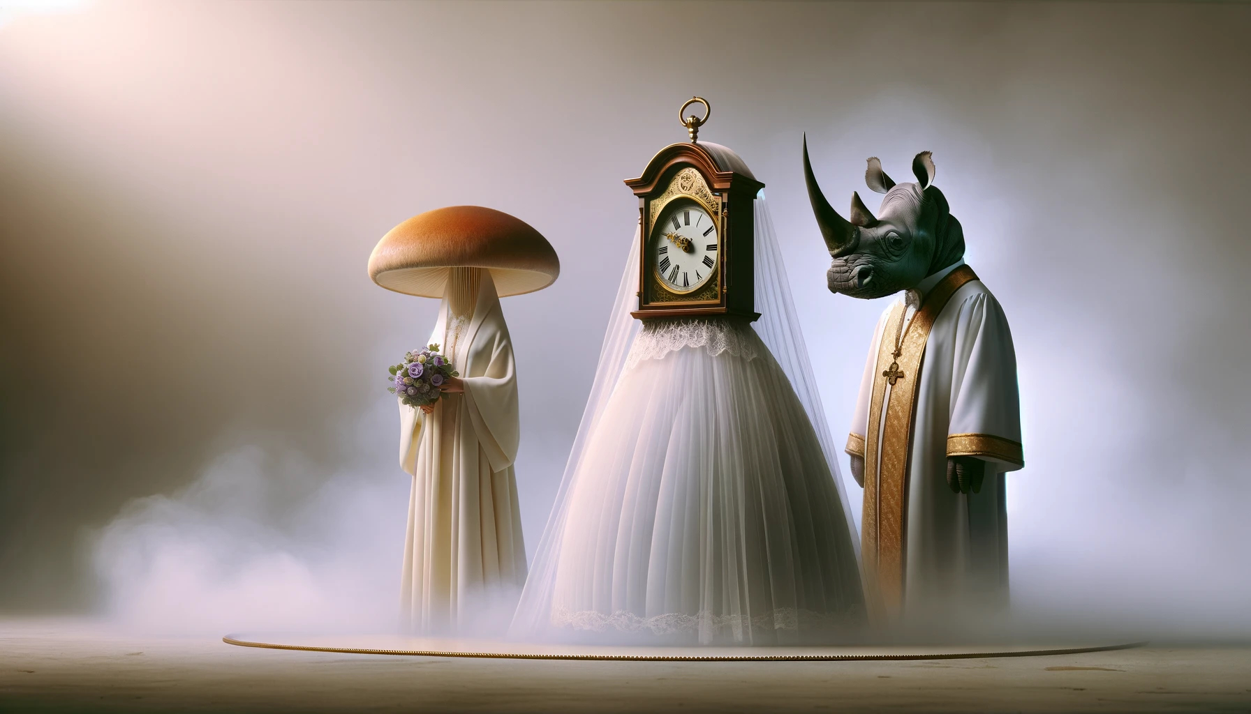 Kuvituskuva. Kaappikello on pukeutunut hääpukuun, sieni papin kaapuun ja sarvikuono piispan vaatteeseen.