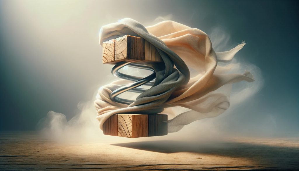 Kuvituskuva. Esine, jossa on metallinen vieteri, puuta ja kangasta.